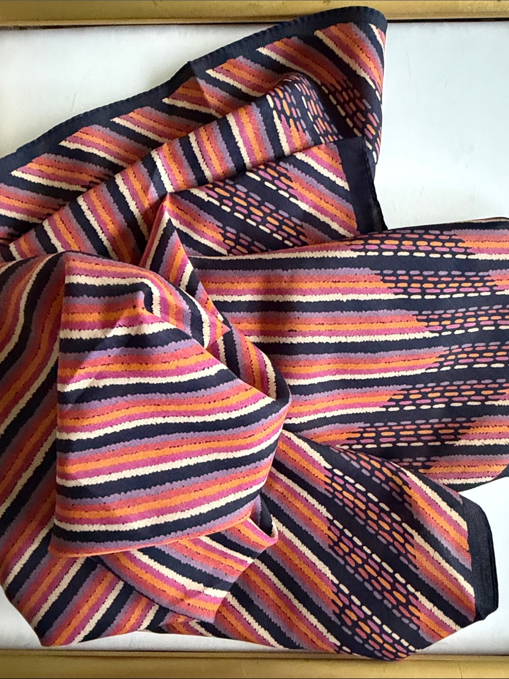 VTG Marshall Field’s Italian Geometric Scarf Black, orange, purple, pink, cream - Picture 12 of 16